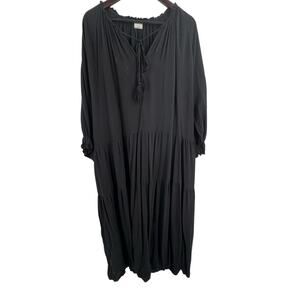 Silk & Salt Dress Large Black Midi‎ Tiered Skirt Boho